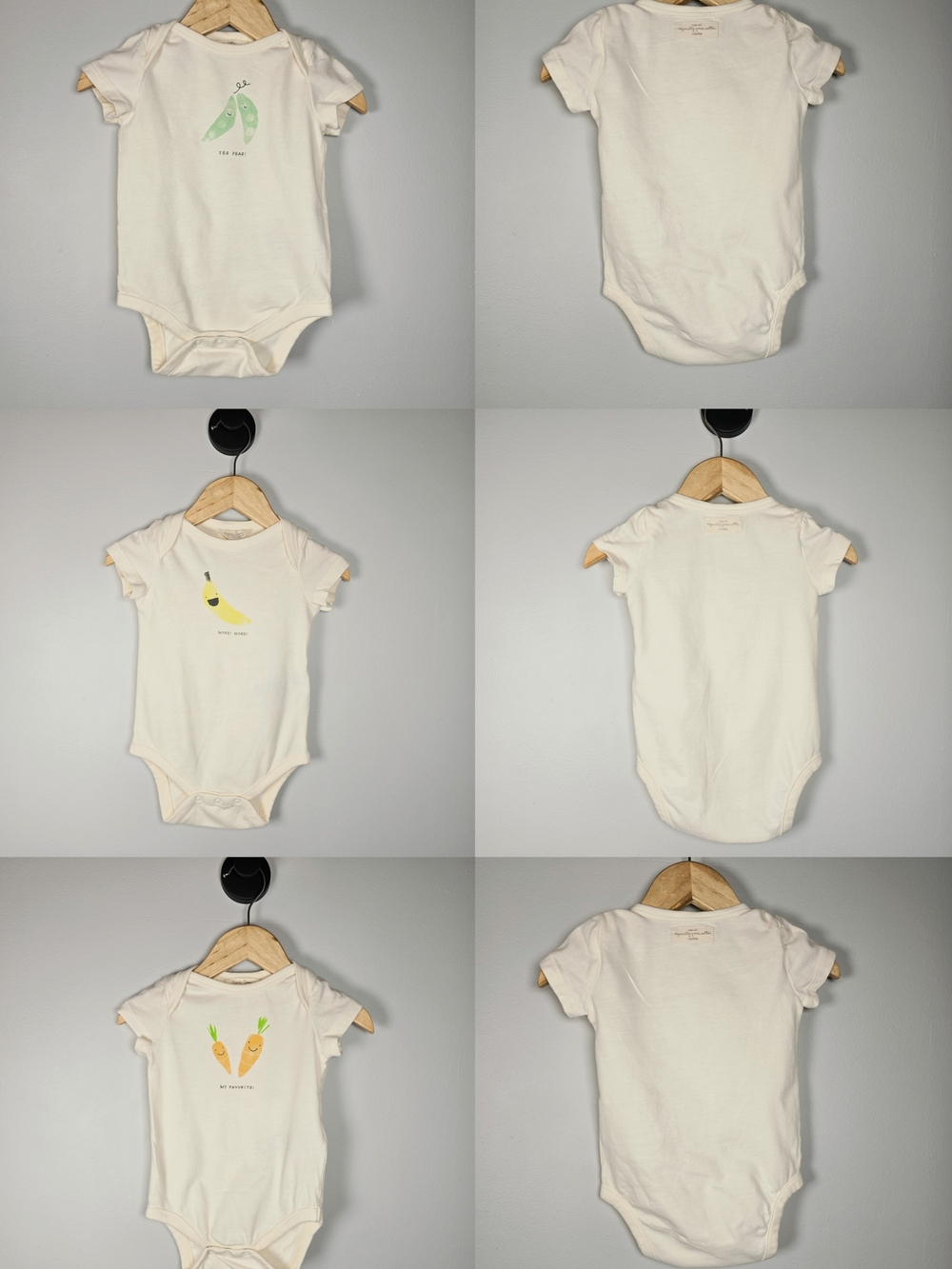 3 Neutral Cream Short-Sleeve Baby Organic Cotton Bodysuit with Fruit/ Veggie